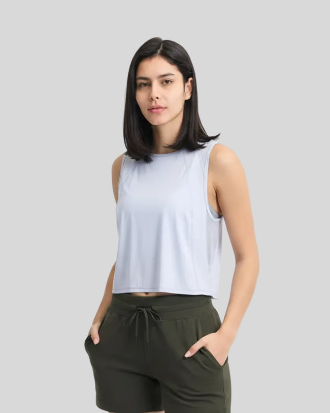 VeilBack Cropped Active Tank in Light Blue, front view with cropped fit