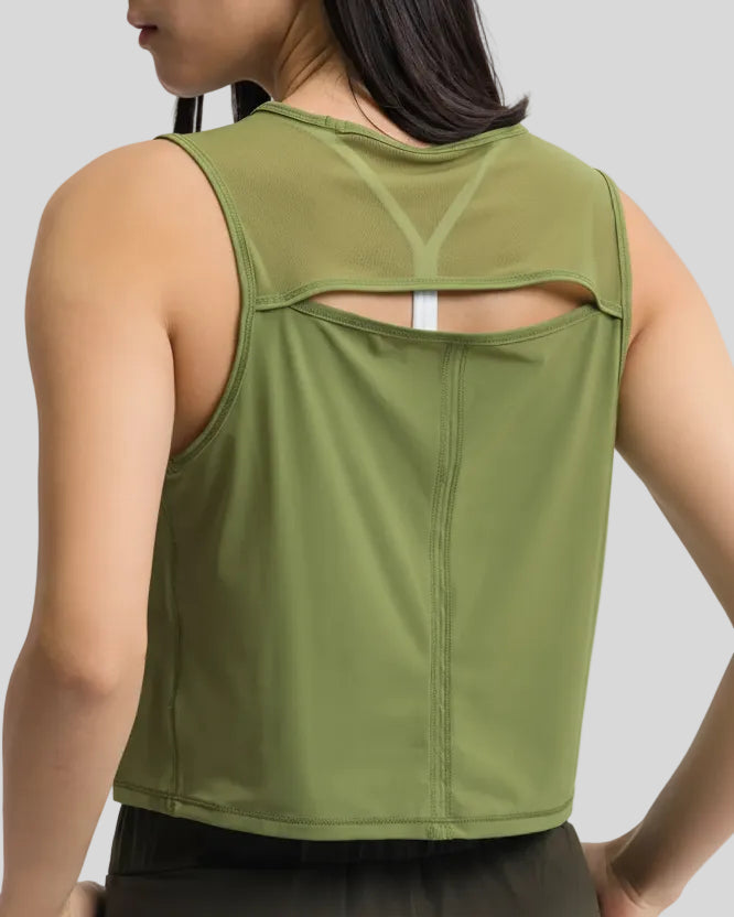 Close-up of sheer cutout back detail on moss VeilBack Cropped Active Tank
