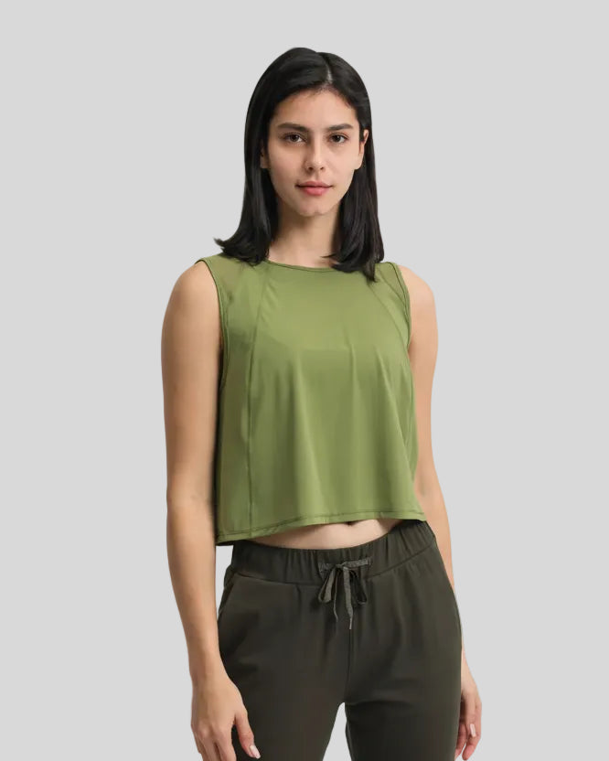 VeilBack Cropped Active Tank in Moss, front view with cropped fit